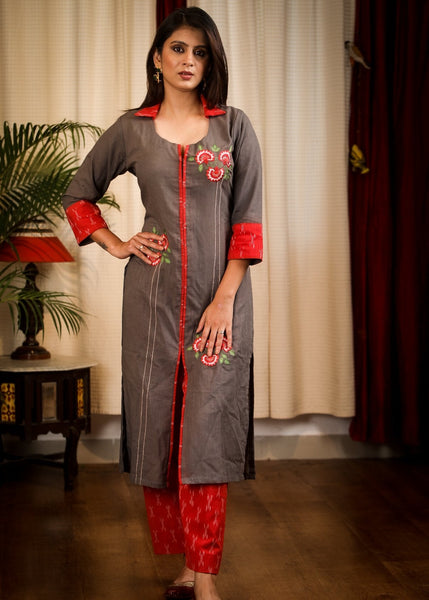 Straight Cut Grey Cotton Handloom Kurta with Bright Embroidery Work and Ikat details