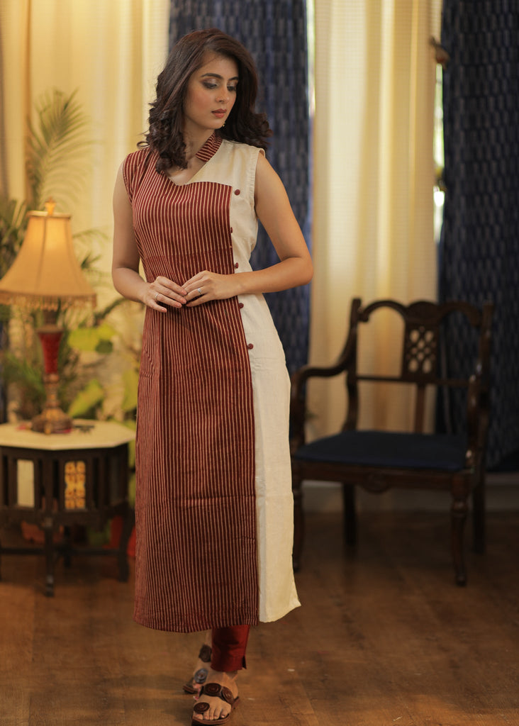 Straight cut Handloom Cotton Kurta with Ajrakh Combination