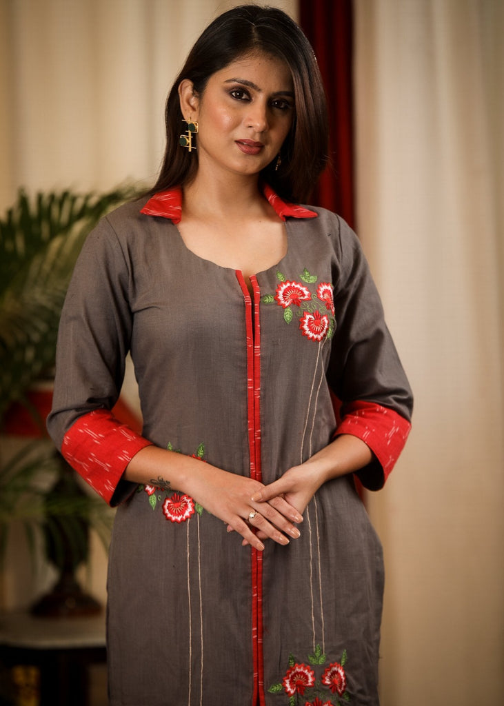 Straight Cut Grey Cotton Handloom Kurta with Bright Embroidery Work and Ikat details