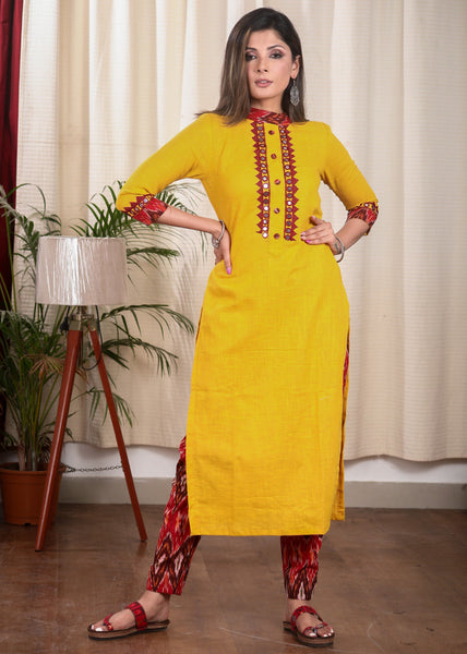 Classy Mustard Cotton Straight Cut Kurta With Beautiful Mirrorwork Embroidery on Placket and Sleeves