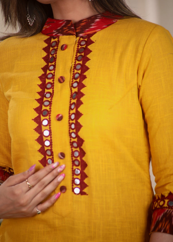 Classy Mustard Cotton Straight Cut Kurta With Beautiful Mirrorwork Embroidery on Placket and Sleeves