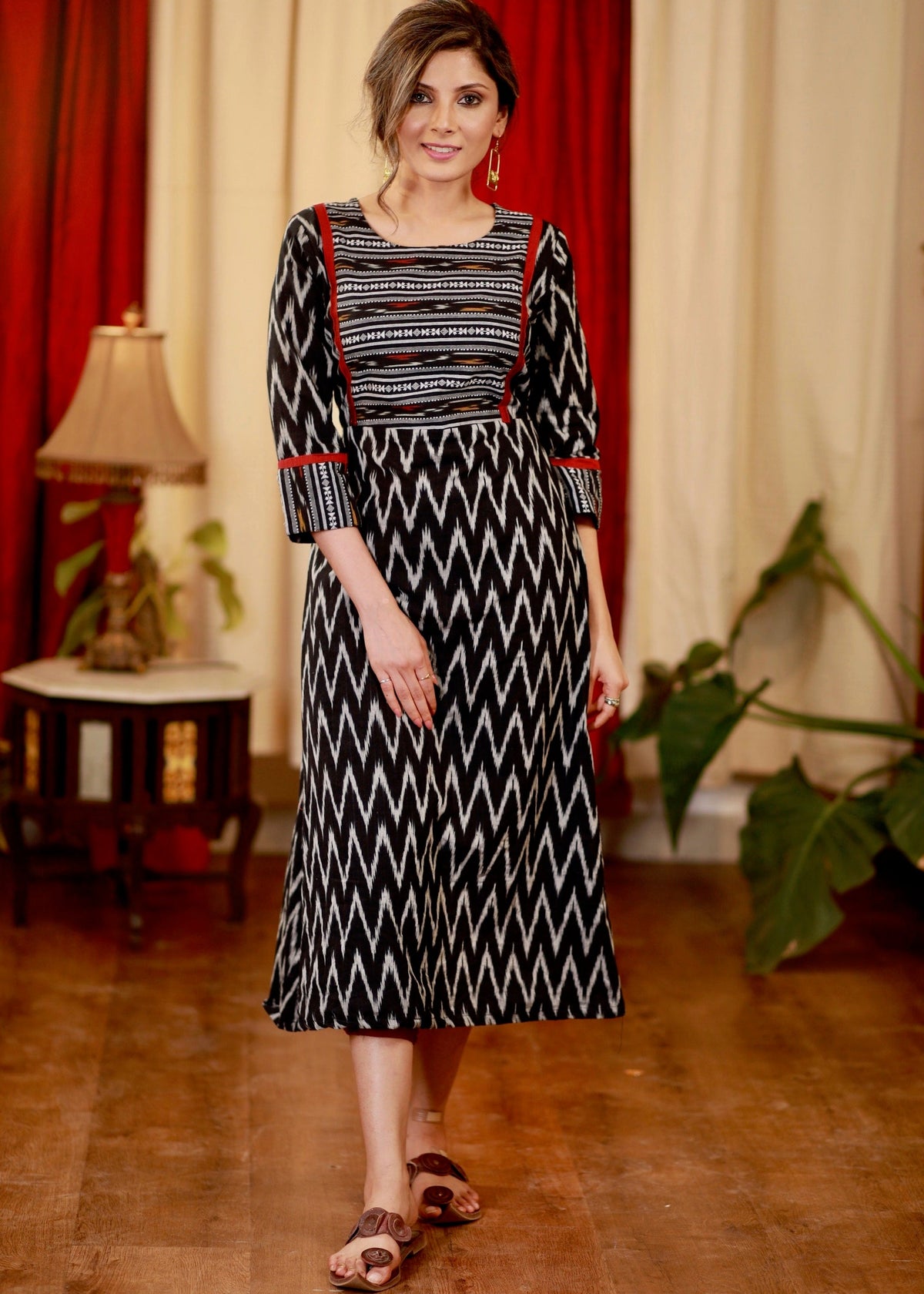 A - Line Ikat Combination Kurta / One Piece Dress - Pant Optional