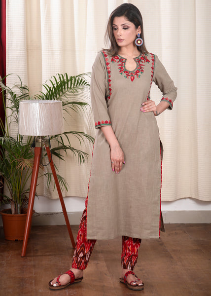 Elegant Chikoo Color Straight Cut Cotton Kurta with Elegantly Done  Embroidery Pattern
