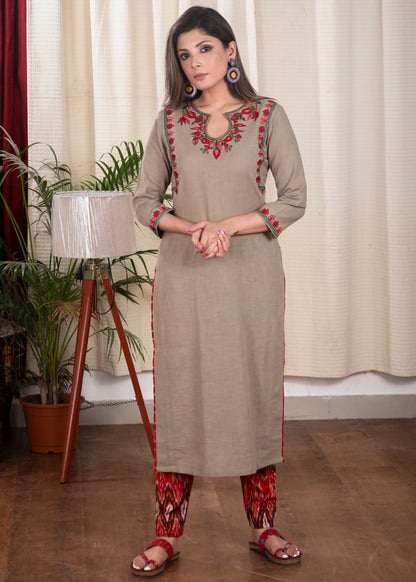 Elegant Chikoo Color Straight Cut Cotton Kurta with Elegantly Done  Embroidery Pattern