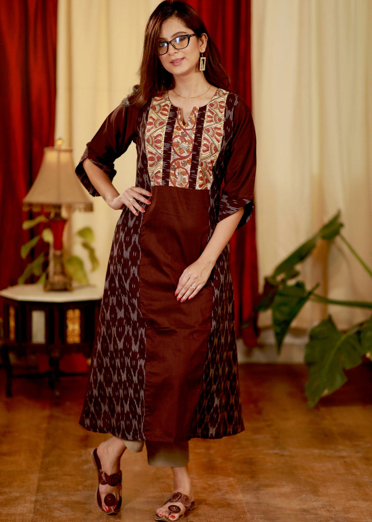 A -Line Cotton Silk Kurta with Handpainted Kalamkari  and Ikat Details