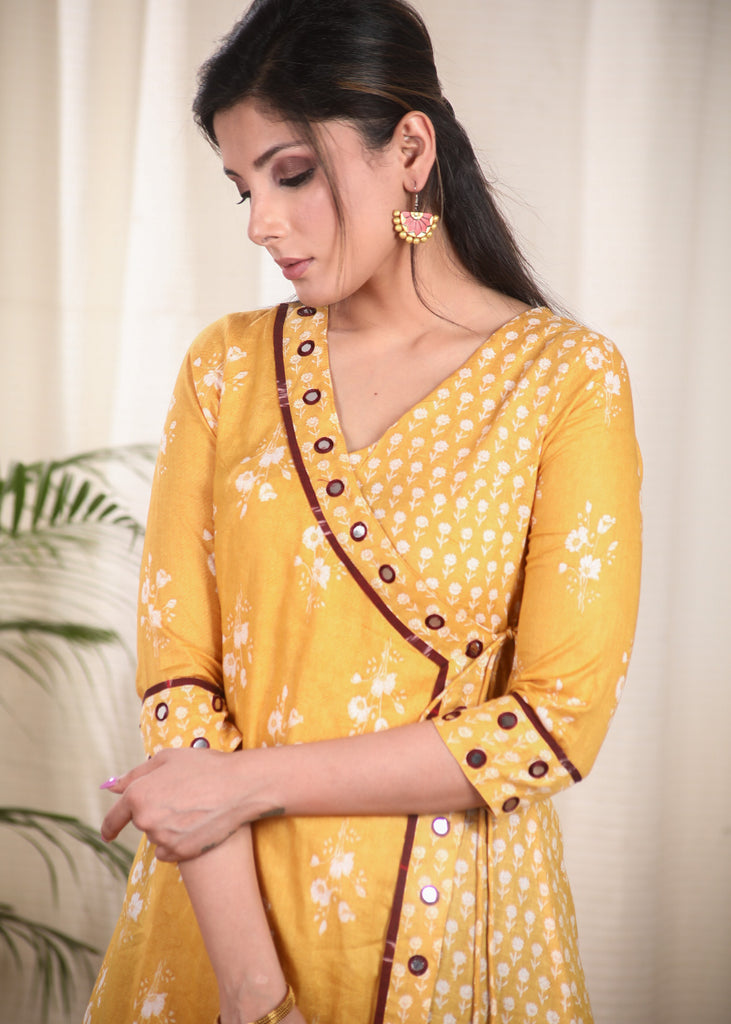 Comfortable and Flowy A line Viscose Kurta with Contrast Mirror Work and Tie Strings