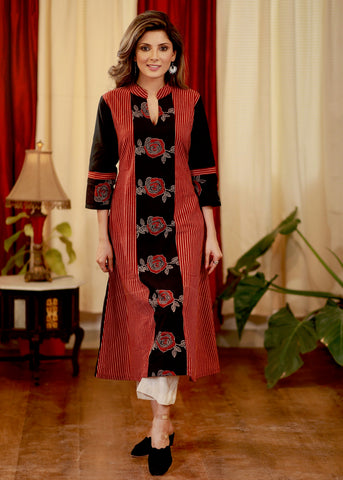 A- line Cotton Ajrakh Kurta with Contrast Ajrakh panelA