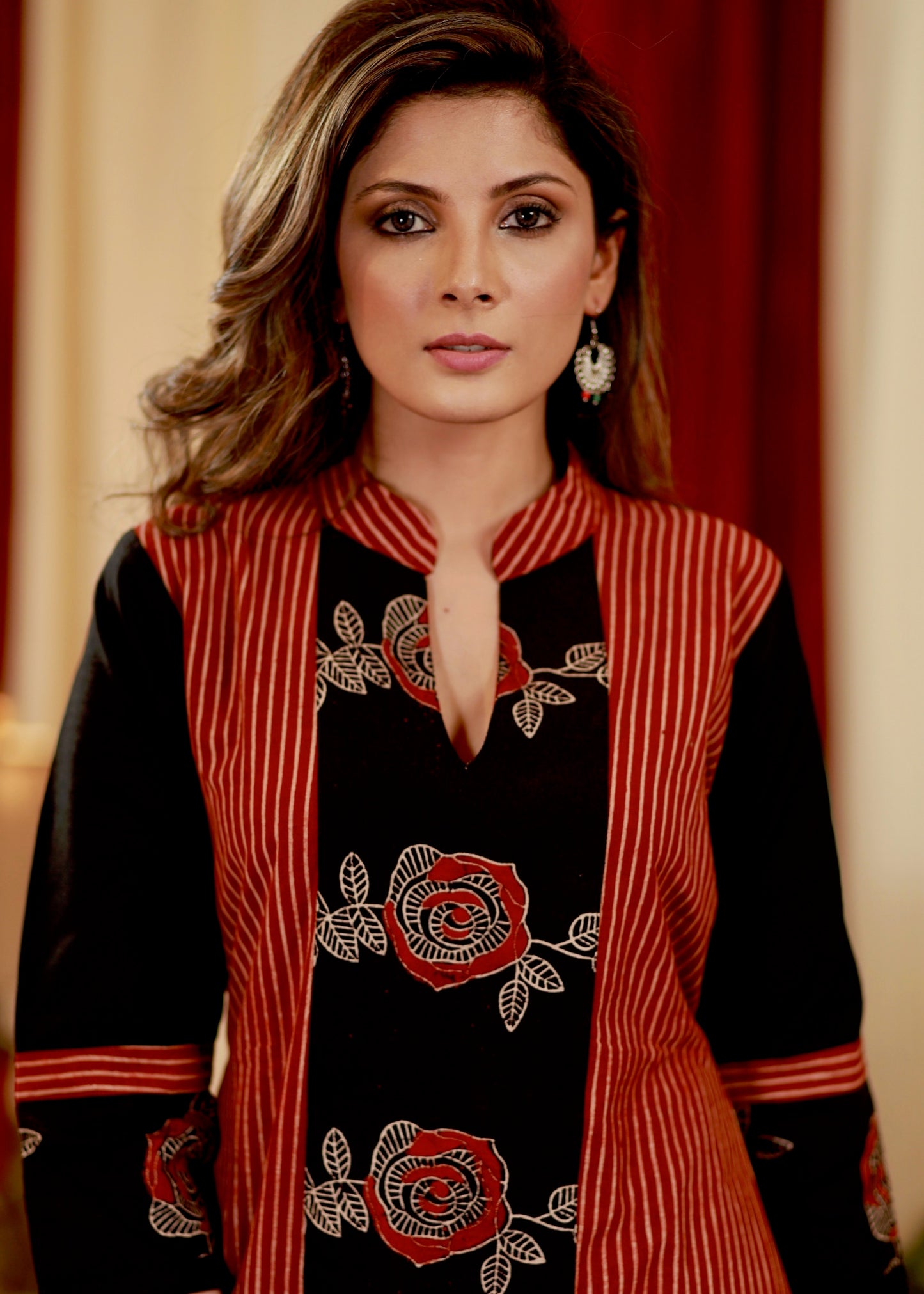 A- line Cotton Ajrakh Kurta with Contrast Ajrakh panelA