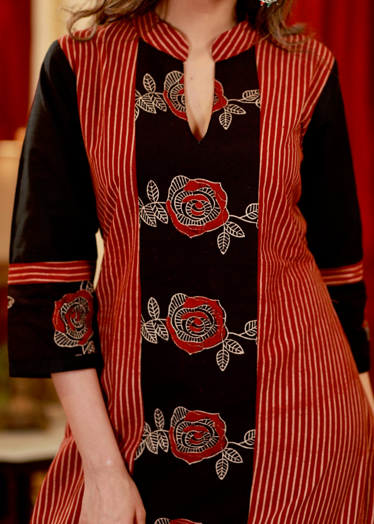 A- line Cotton Ajrakh Kurta with Contrast Ajrakh panelA