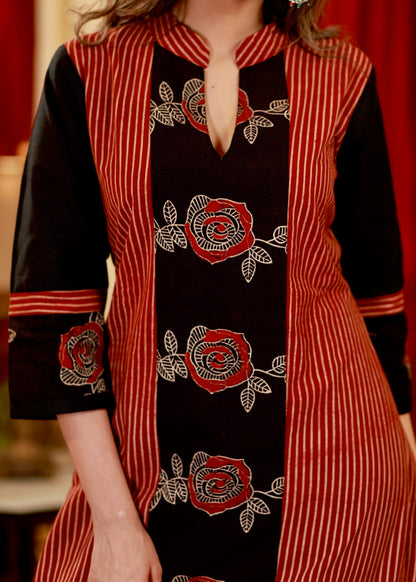 A- line Cotton Ajrakh Kurta with Contrast Ajrakh panelA
