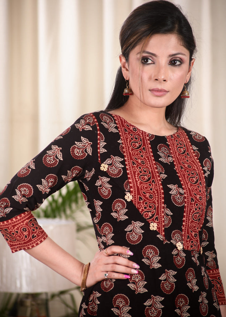 A line Ajrakh Combination Kurta With Wooden Beads