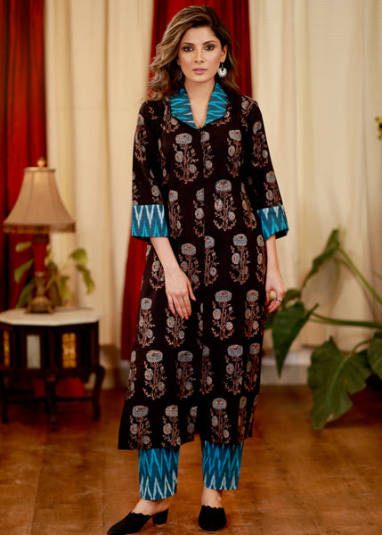 Straight Cut Cotton Ajrakh Kurta with Ikat Collars and Sleeves