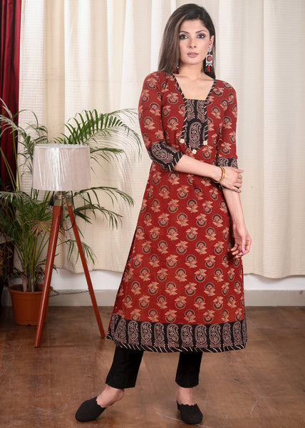 A line Ajrakh Combination Kurta With Wooden Beads