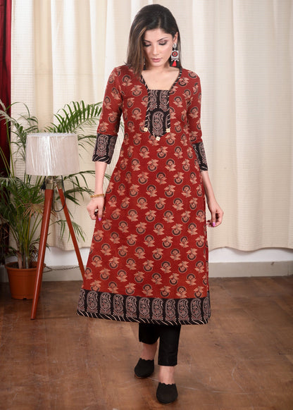 A line Ajrakh Combination Kurta With Wooden Beads