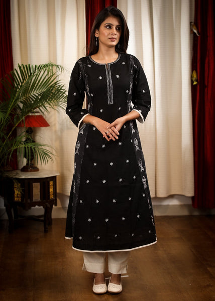 A  - line Black Print Cotton Handloom Combination Kurta With Beautiful Silver Embroidery and Fish Motifs