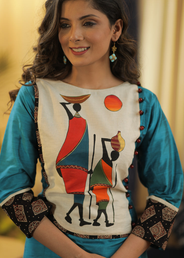 A-line Cotton silk Kurta with Exclusive Hand-painted Tribal Art