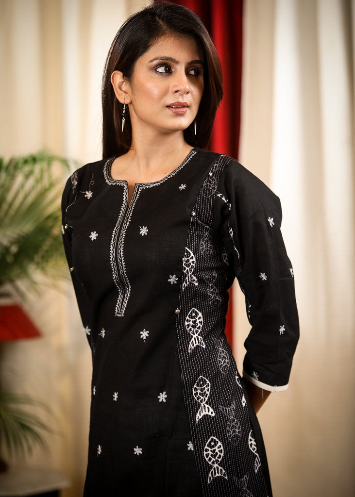 A  - line Black Print Cotton Handloom Combination Kurta With Beautiful Silver Embroidery and Fish Motifs