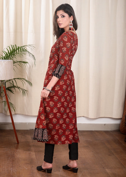 A line Ajrakh Combination Kurta With Wooden Beads