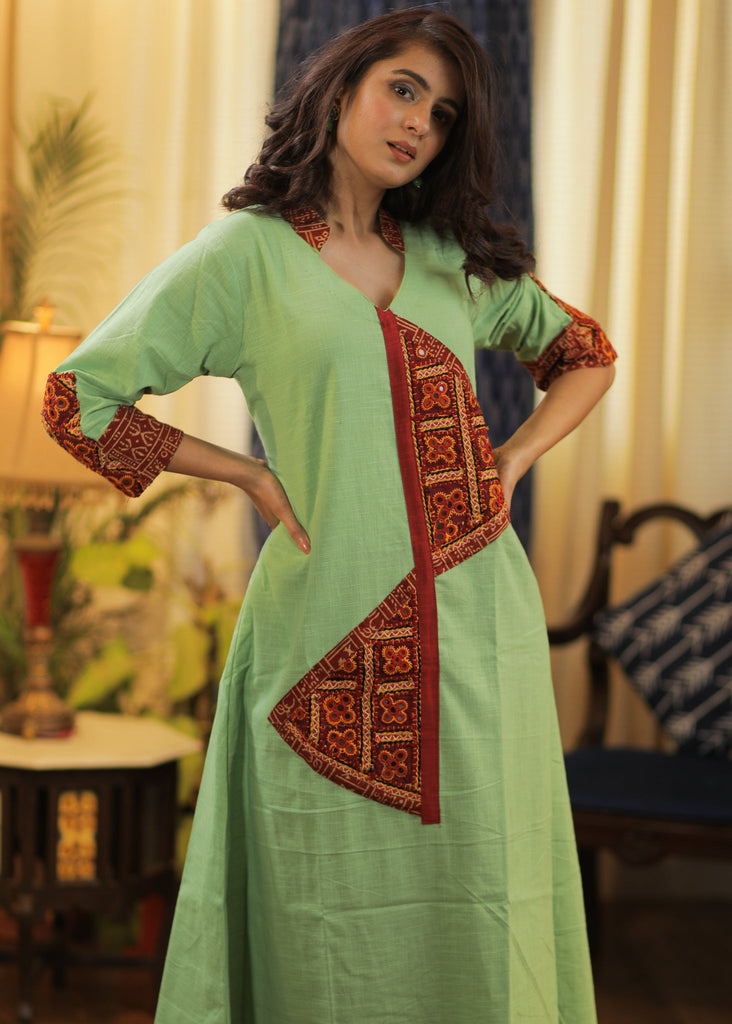 A-line Pista Colour Handloom Cotton Kurta with Exclusive Hand made Kutch mirror work