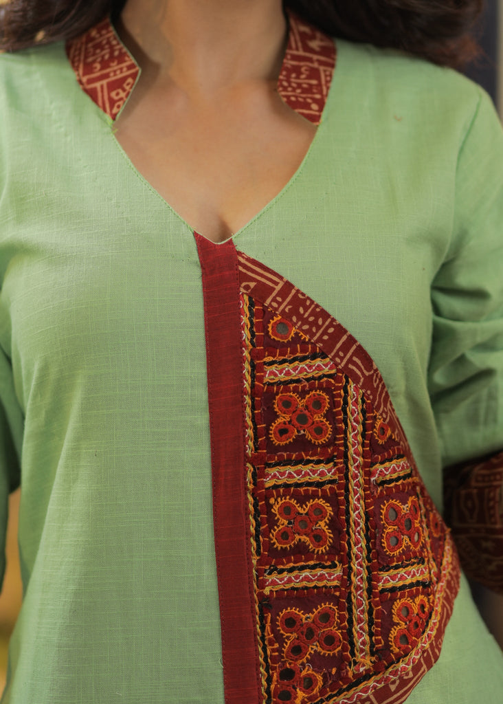 A-line Pista Colour Handloom Cotton Kurta with Exclusive Hand made Kutch mirror work