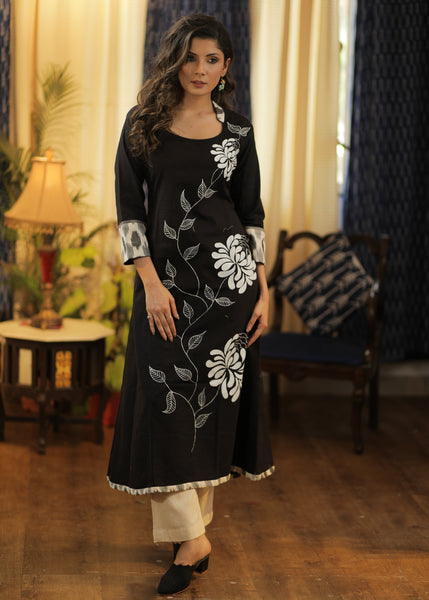 A-line Handloom Cotton Kurta with Ikat and  Exclusive Hand Painting all over