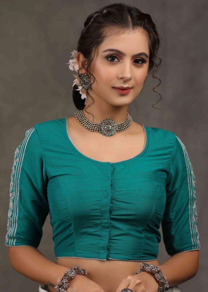 Classy Turquoise Green Cotton Silk Blouse with Beautiful Floral Embroidery on Back and Sleeves