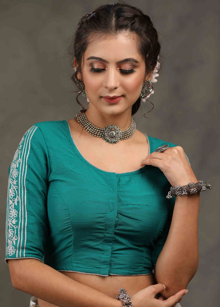 Classy Turquoise Green Cotton Silk Blouse with Beautiful Floral Embroidery on Back and Sleeves