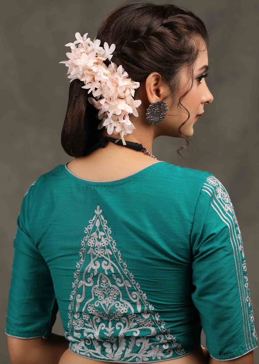 Classy Turquoise Green Cotton Silk Blouse with Beautiful Floral Embroidery on Back and Sleeves