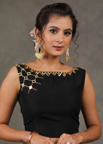 Exclusive Black Cotton Silk Sleeveless Blouse with Intricate Hand and Mirror Embroidery on Neck and Shoulder