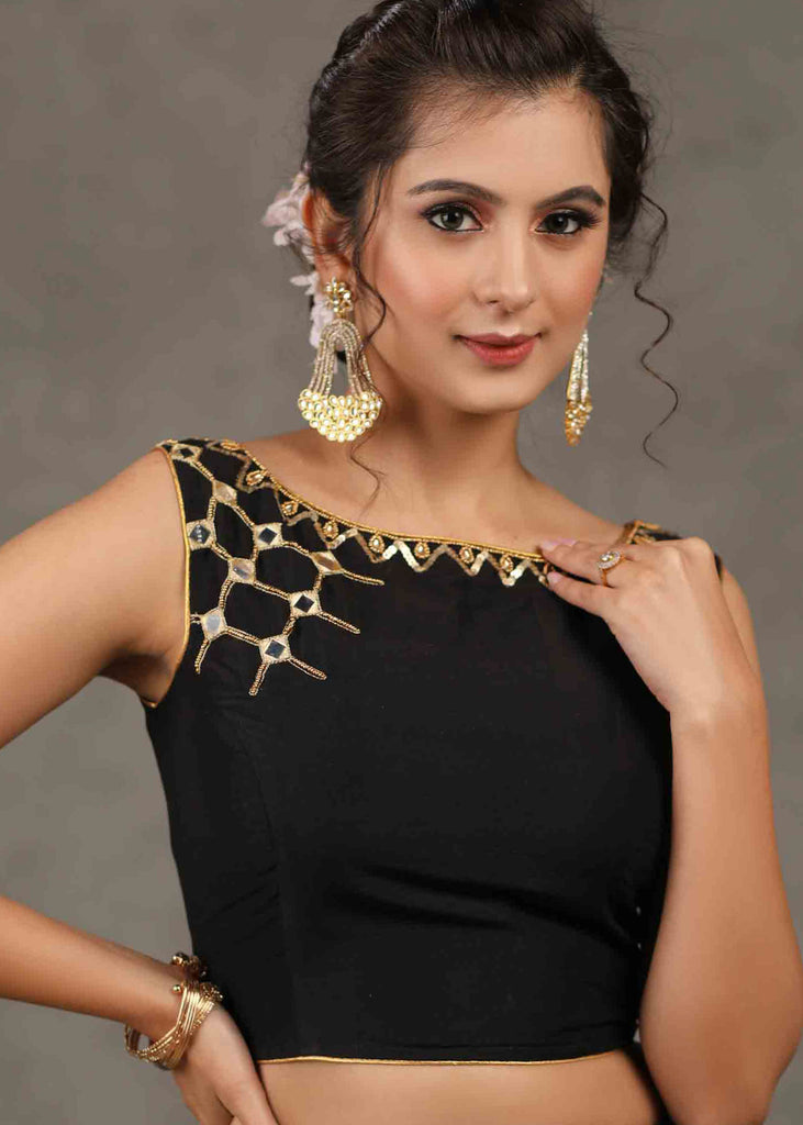 Exclusive Black Cotton Silk Sleeveless Blouse with Intricate Hand and Mirror Embroidery on Neck and Shoulder