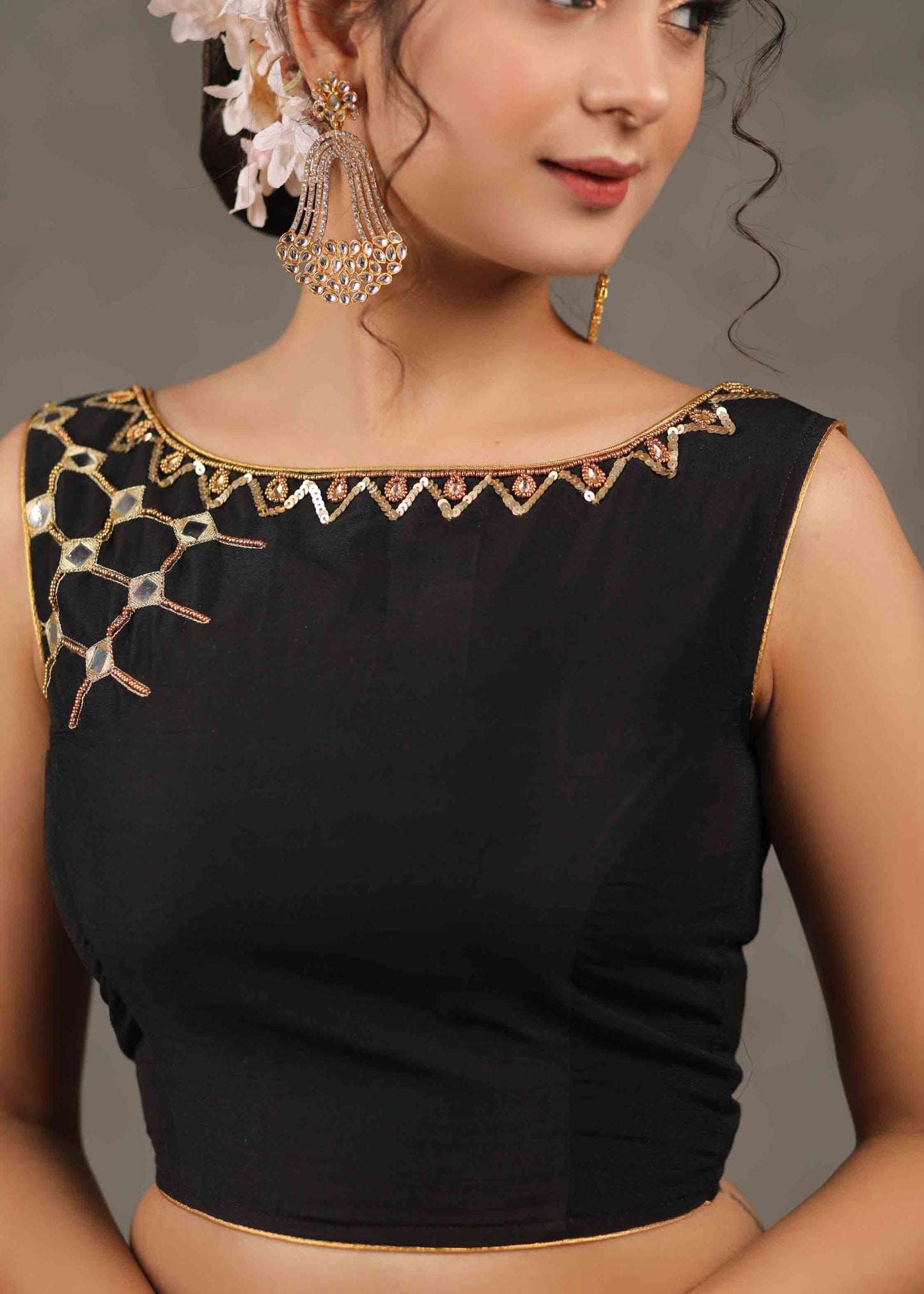 Exclusive Black Cotton Silk Sleeveless Blouse with Intricate Hand and Mirror Embroidery on Neck and Shoulder