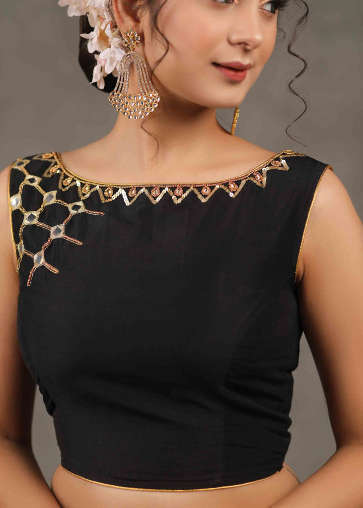 Exclusive Black Cotton Silk Sleeveless Blouse with Intricate Hand and Mirror Embroidery on Neck and Shoulder