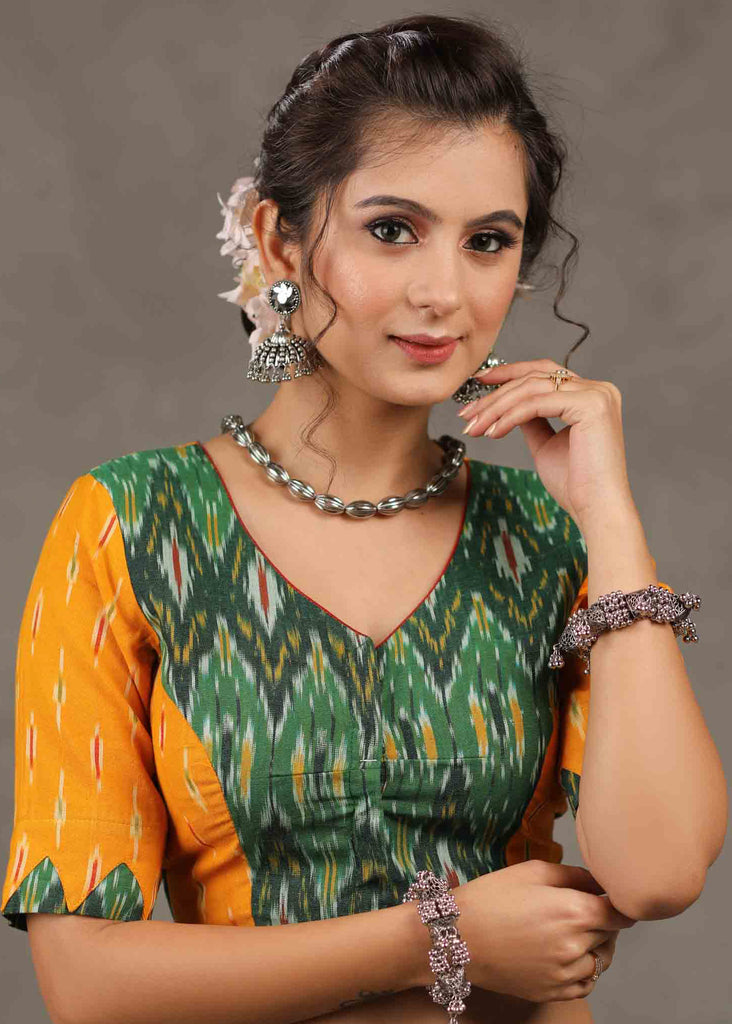 Classy Mango with Green Ikat Combination Blouse with Kite Keyhole on The Back