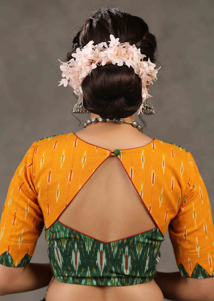 Classy Mango with Green Ikat Combination Blouse with Kite Keyhole on The Back