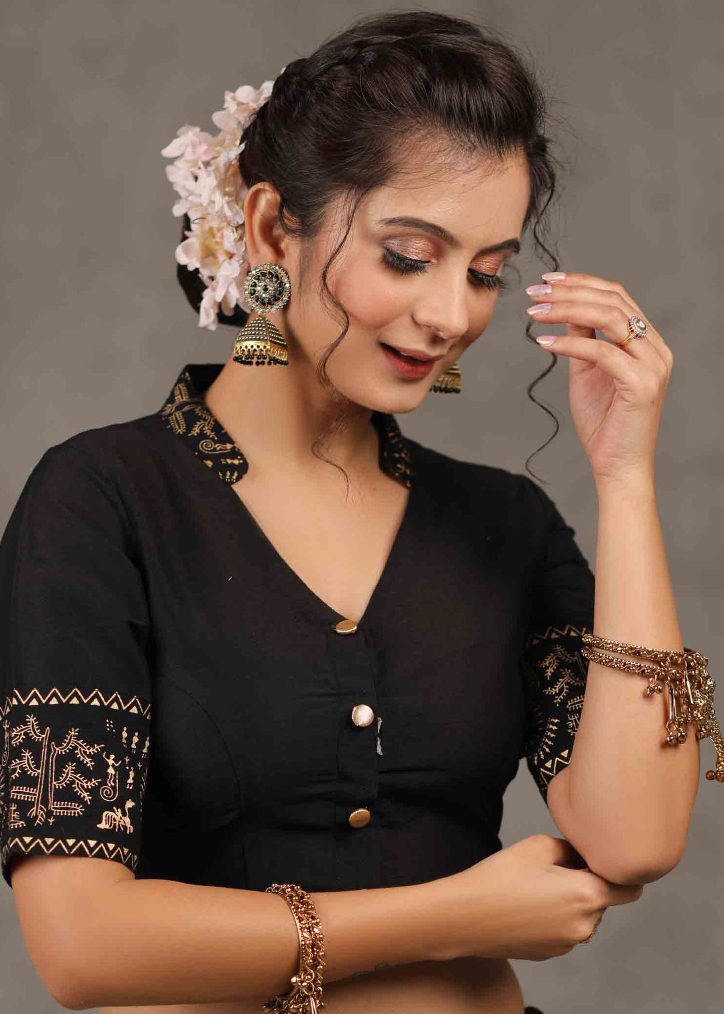 Elegant Black Cotton Silk Mandarin Collared Blouse with Foiled Warli Print on Sleeves and Back