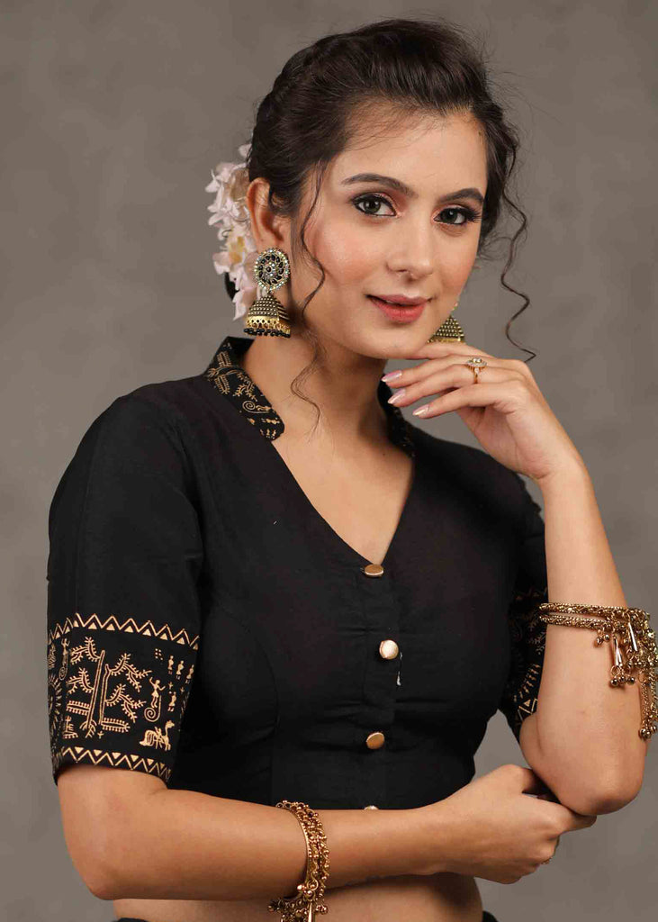 Elegant Black Cotton Silk Mandarin Collared Blouse with Foiled Warli Print on Sleeves and Back