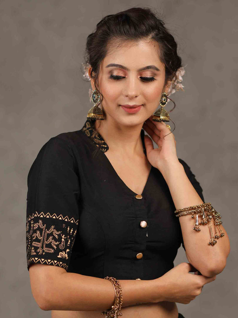 Elegant Black Cotton Silk Mandarin Collared Blouse with Foiled Warli Print on Sleeves and Back