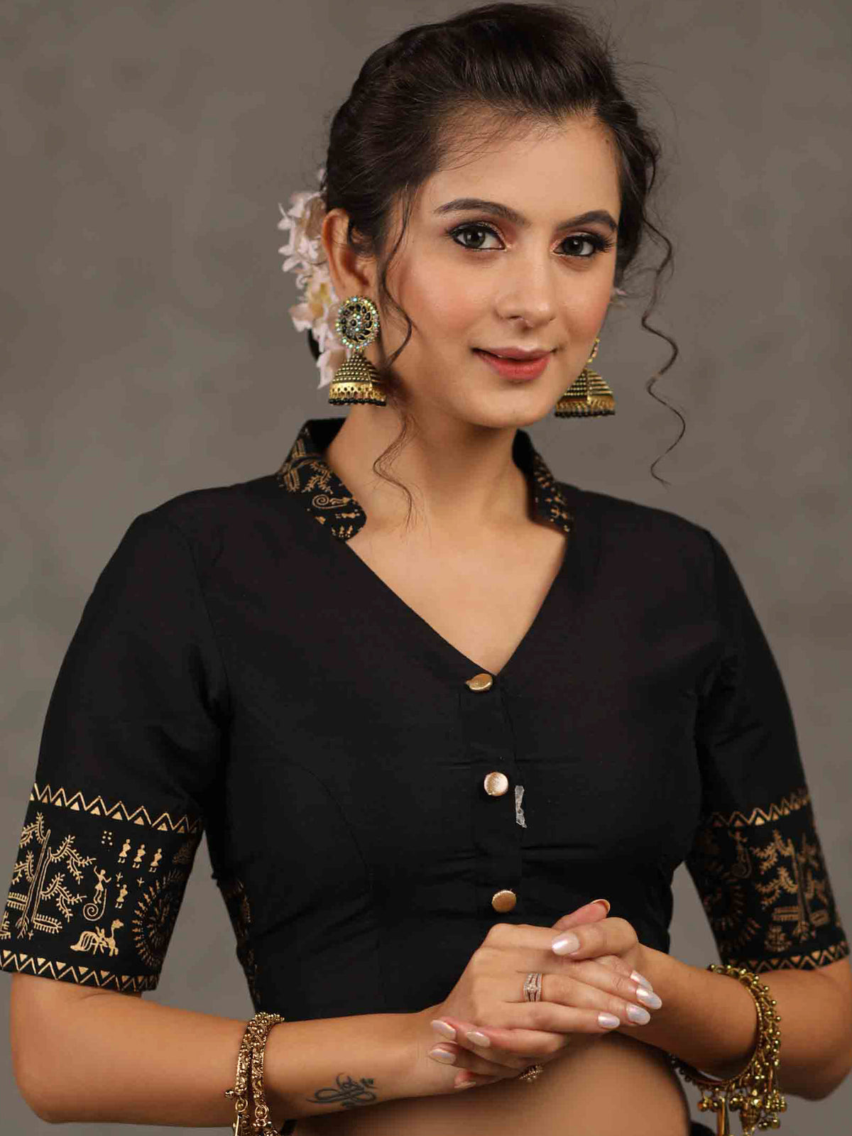 Dussehra Sale — Elegant Black Cotton Silk Mandarin Collared Blouse with Foiled Warli Print on Sleeves and Back