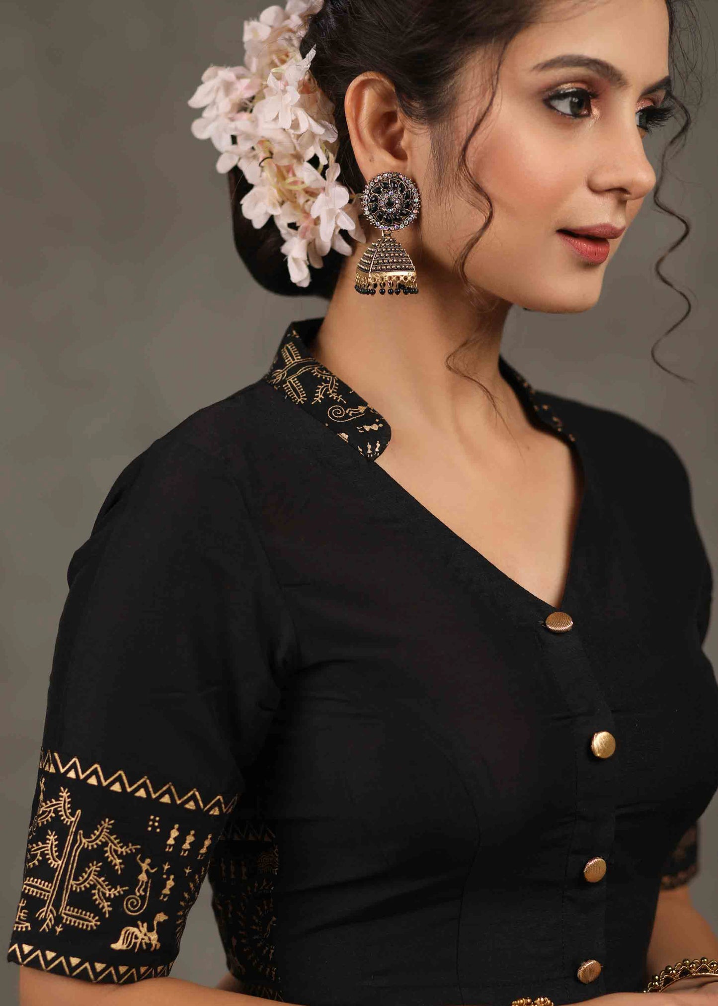 Elegant Black Cotton Silk Mandarin Collared Blouse with Foiled Warli Print on Sleeves and Back