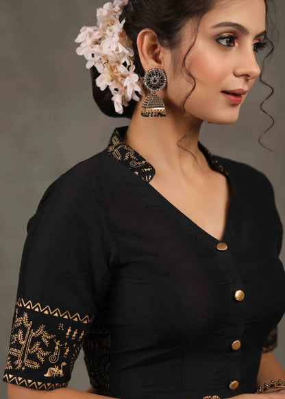 Elegant Black Cotton Silk Mandarin Collared Blouse with Foiled Warli Print on Sleeves and Back