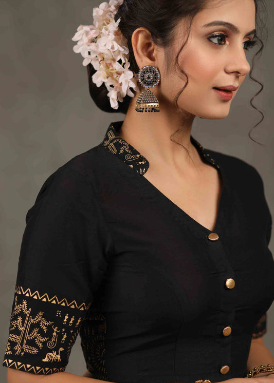 Elegant Black Cotton Silk Mandarin Collared Blouse with Foiled Warli Print on Sleeves and Back