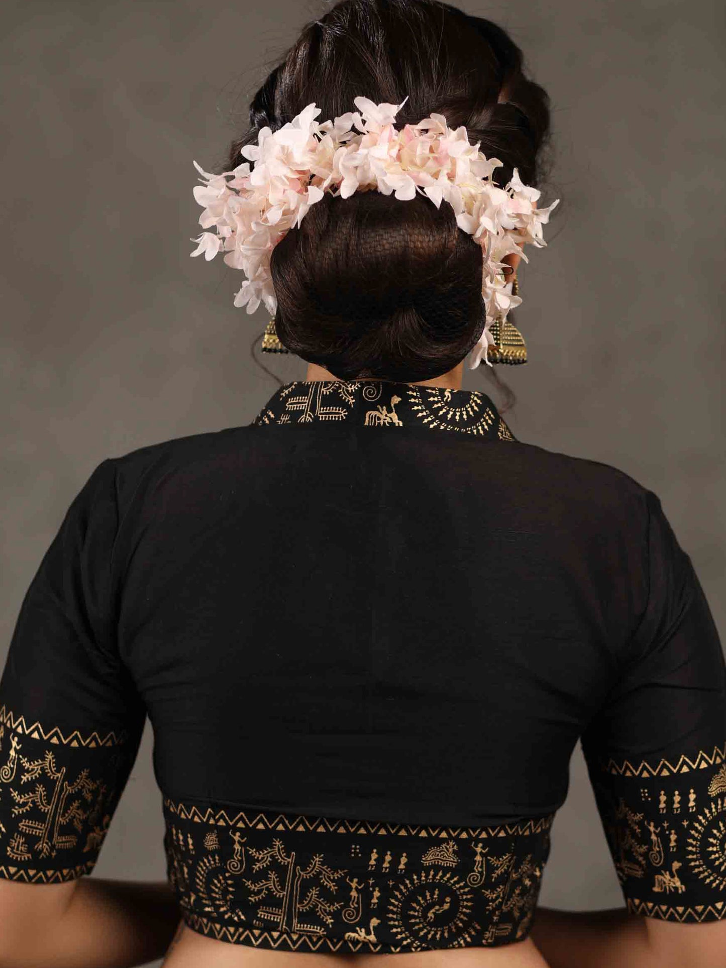 Elegant Black Cotton Silk Mandarin Collared Blouse with Foiled Warli Print on Sleeves and Back