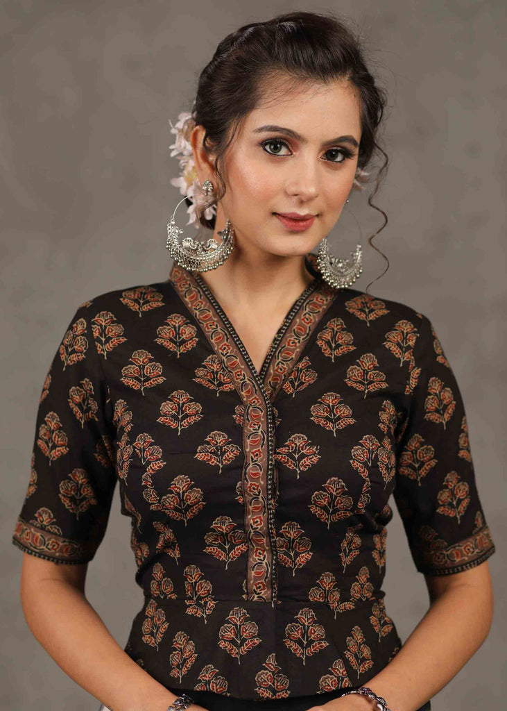 Beautiful Black Cotton Floral Printed Blouse with Collar Neck