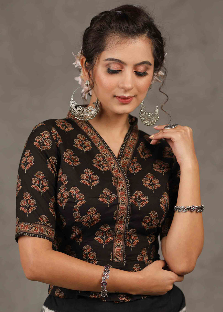 Beautiful Black Cotton Floral Printed Blouse with Collar Neck