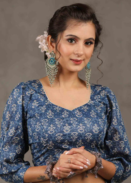 Classy Indigo Chanderi Floral Printed Blouse with Puff Sleeves
