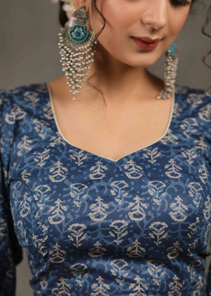 Classy Indigo Chanderi Floral Printed Blouse with Puff Sleeves