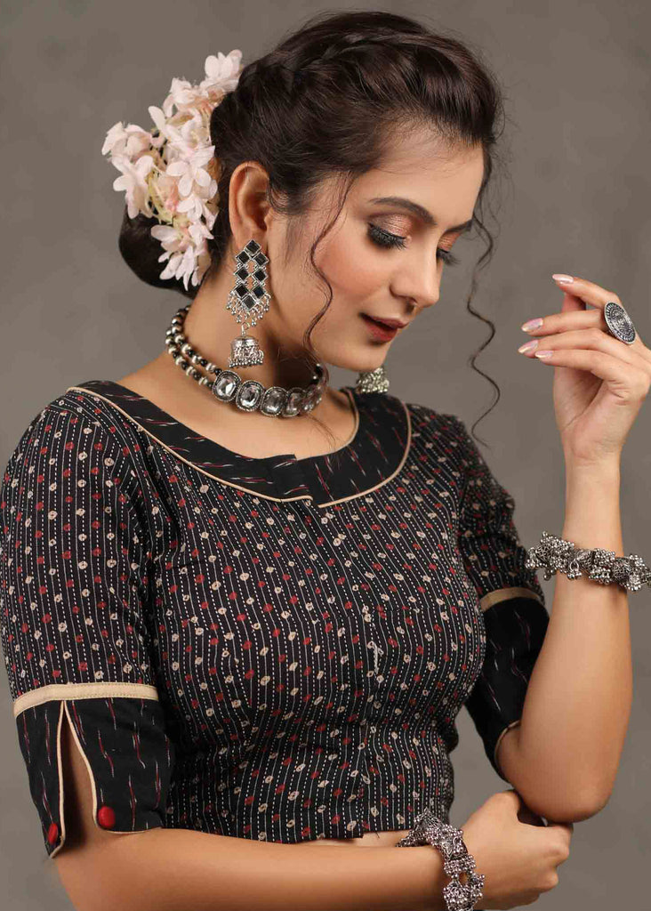 Exclusive Black Ajrakh Kantha with Ikat Combination Blouse
