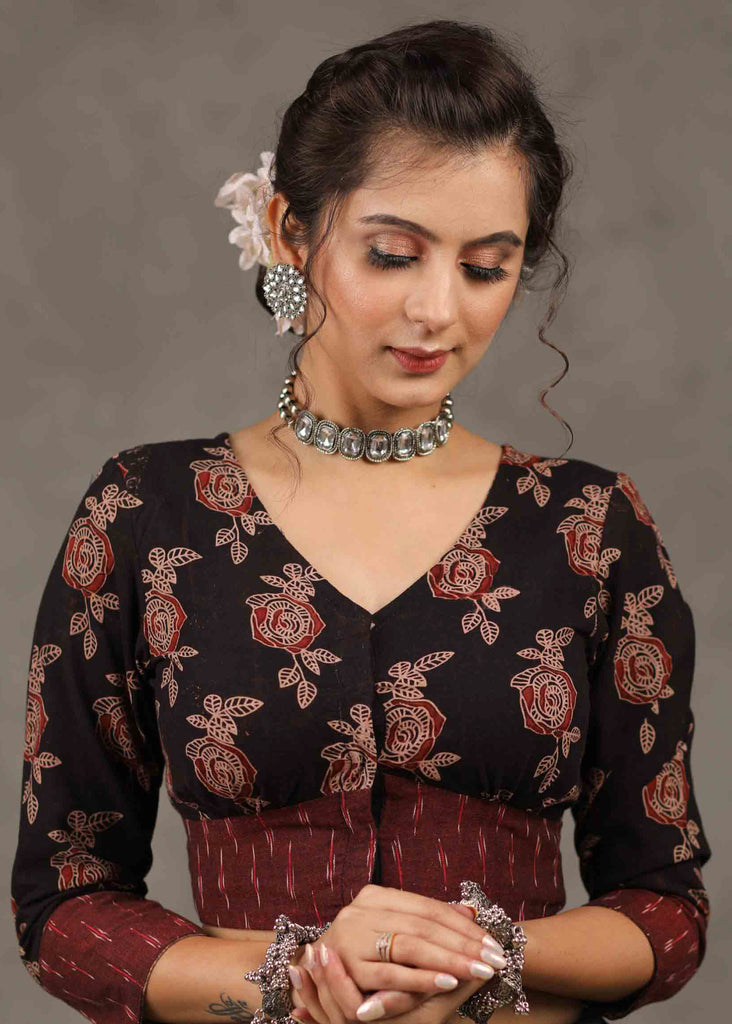 Exclusive Floral Ajrakh Blouse with Ikat Combination on Hem and Sleeves