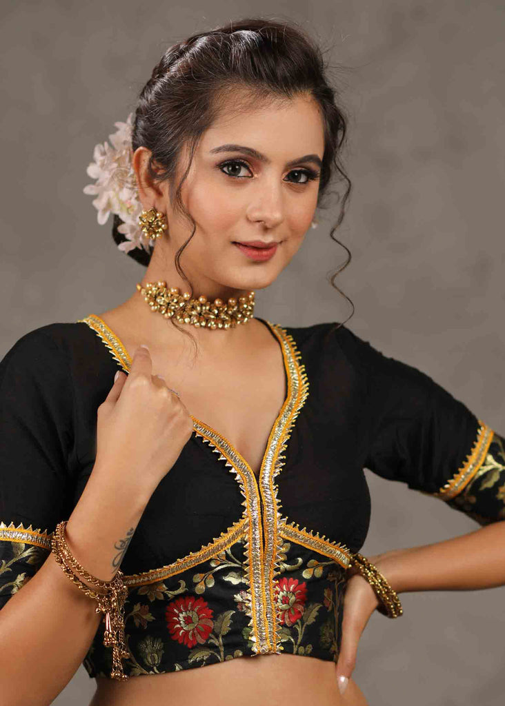 Elegant Black Cotton Silk Blouse with Brocade Detailing Highlighted with Gota Patti Lace
