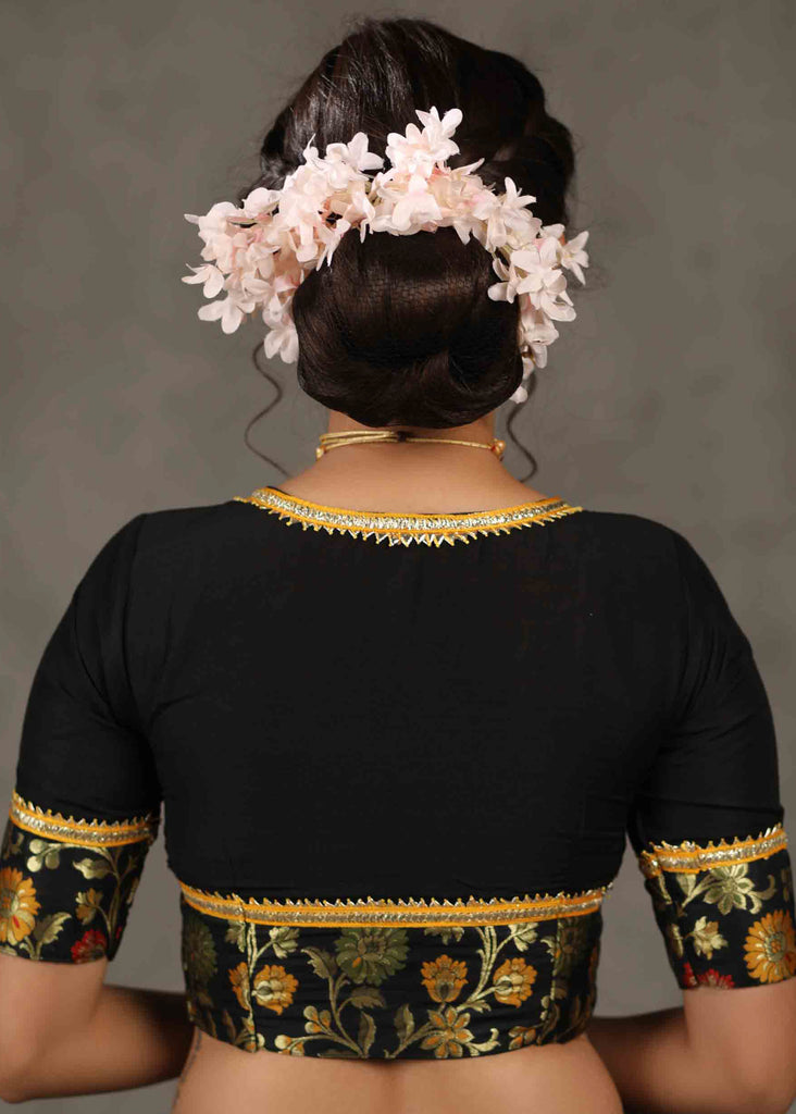 Elegant Black Cotton Silk Blouse with Brocade Detailing Highlighted with Gota Patti Lace
